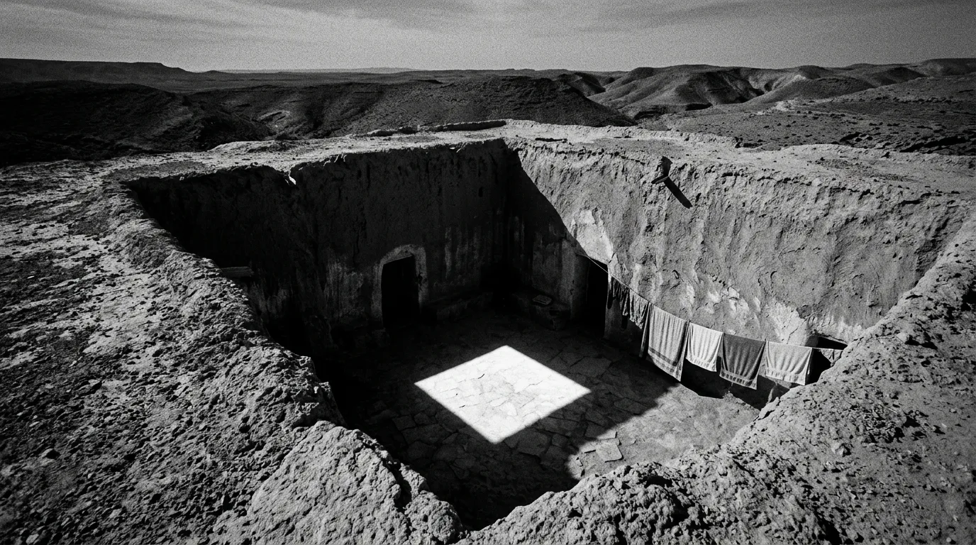 Patio troglodyte de Matmata vu en plongée depuis la crête, puits de lumière carré au sol, murs ocres lissés par des siècles d'enduit, linge étendu dans un coin