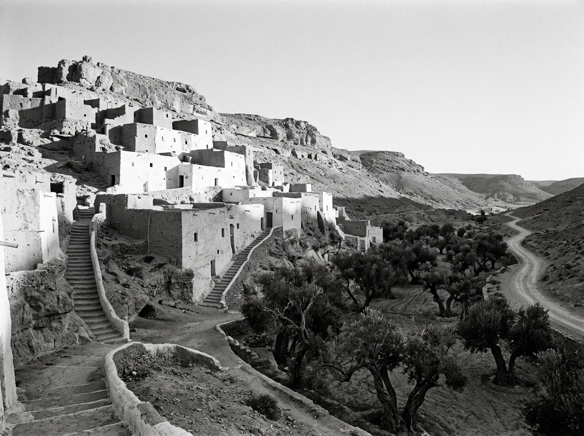 Ksar de Chenini en terrasses sur flanc de crête, fin d'après-midi, ombre oblique sur les greniers blanchis, oliviers torturés en contrebas