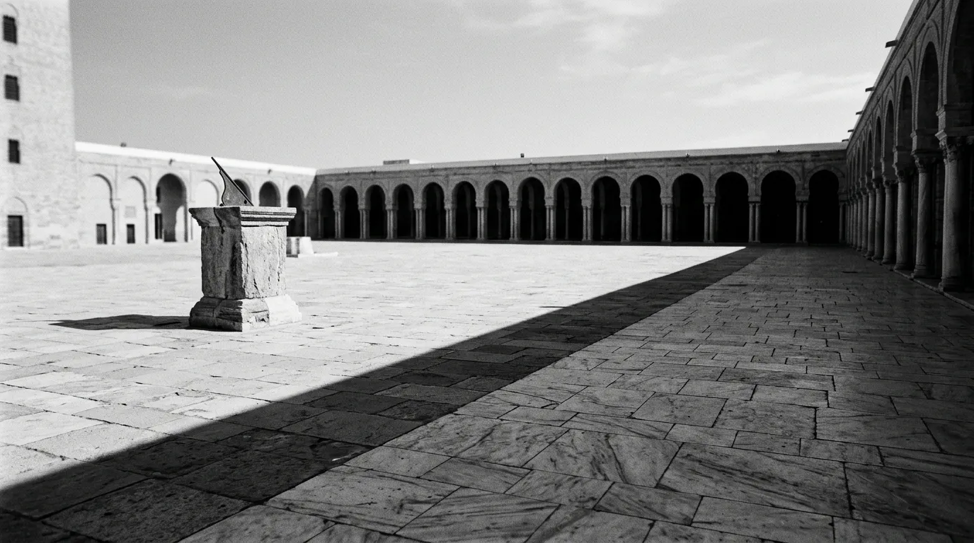 Cour intérieure vide de la Grande Mosquée de Kairouan au petit matin, ombre d'arcade tombant en diagonale sur les grandes dalles blanches, cadran solaire à gauche