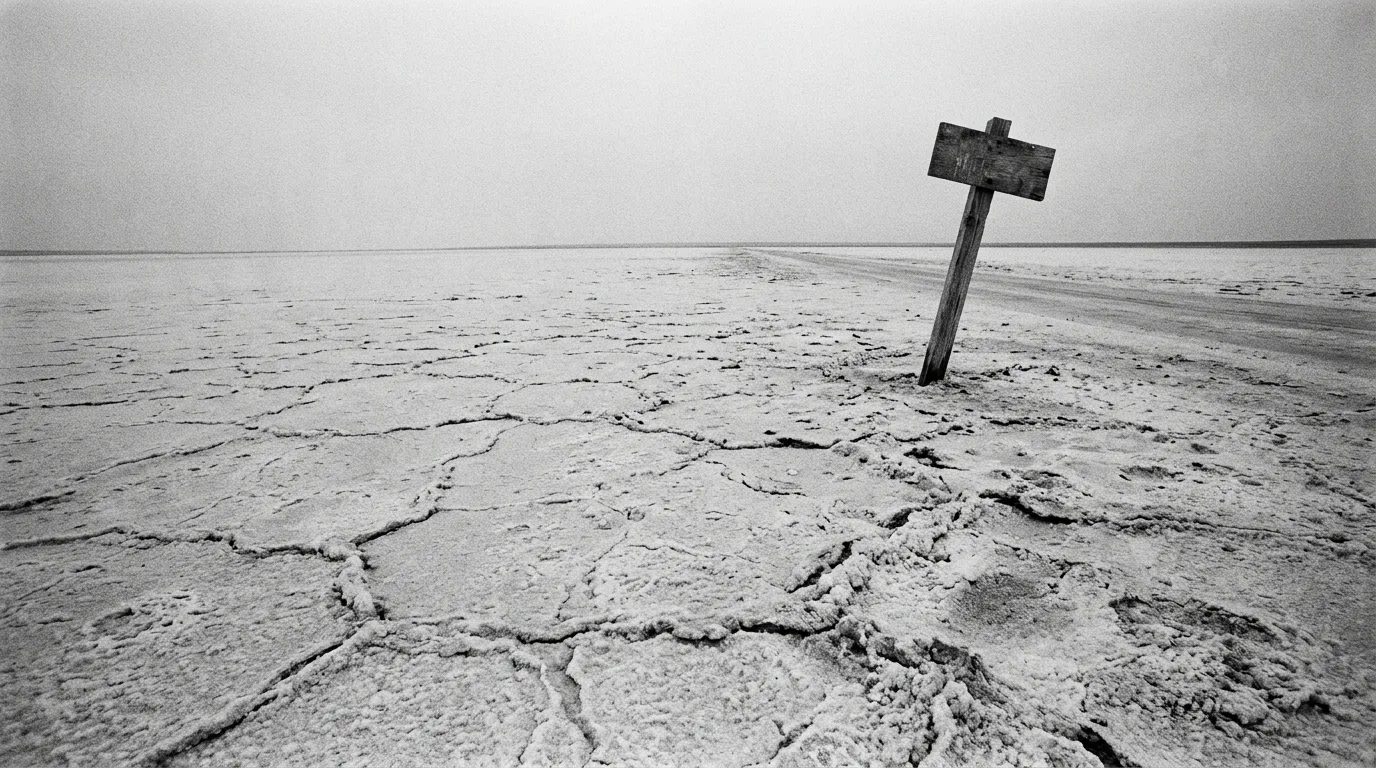 Croûte de sel craquelée du Chott el-Jerid au premier plan, horizon bas parfaitement plat à perte de vue, ciel blanc délavé par la chaleur, unique poteau indicateur incliné