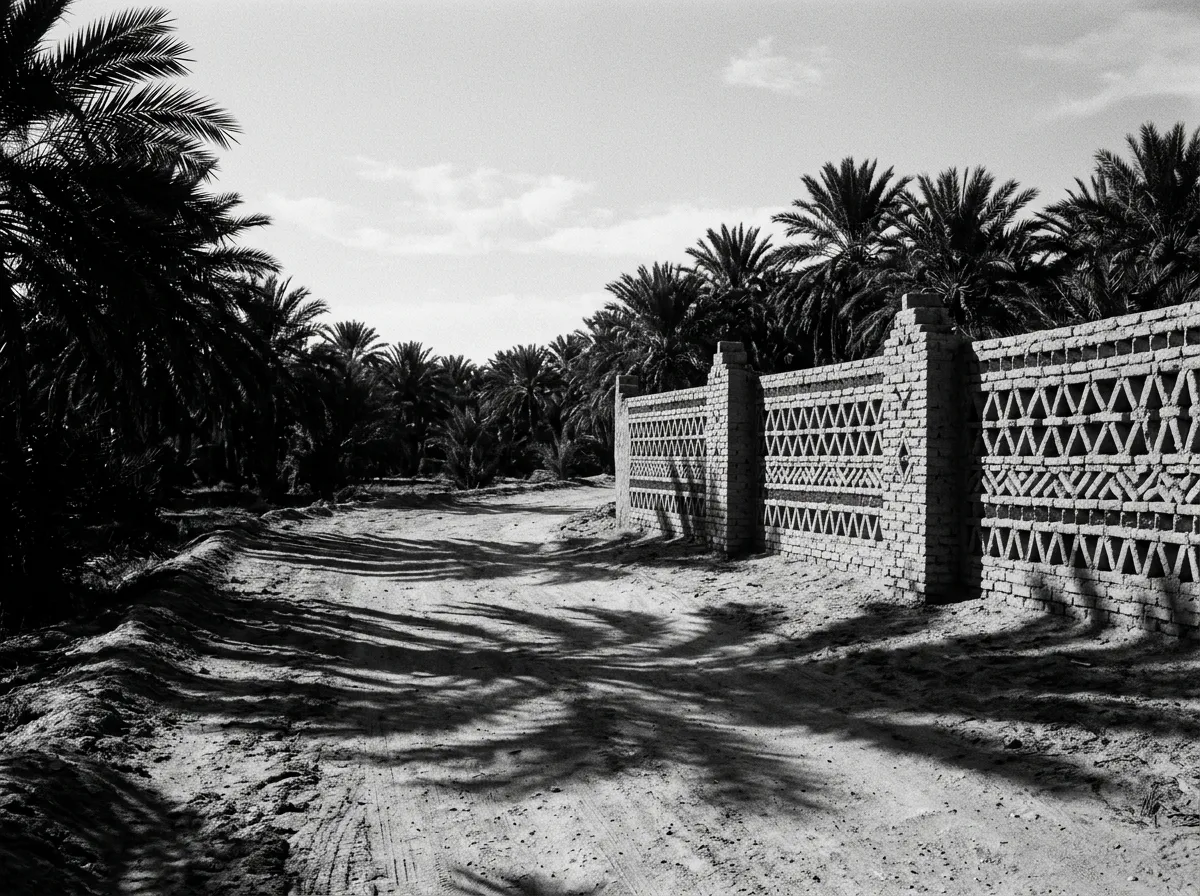 Palmeraie de Tozeur à l'aube, ombre striée des palmes sur un sentier de terre, murs de brique géométrique aux motifs traditionnels en arrière-plan